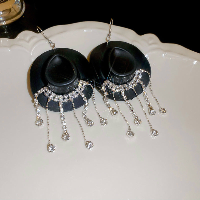 Wholesale Cowboy Hat Teardrop Diamond Tassel Earrings
